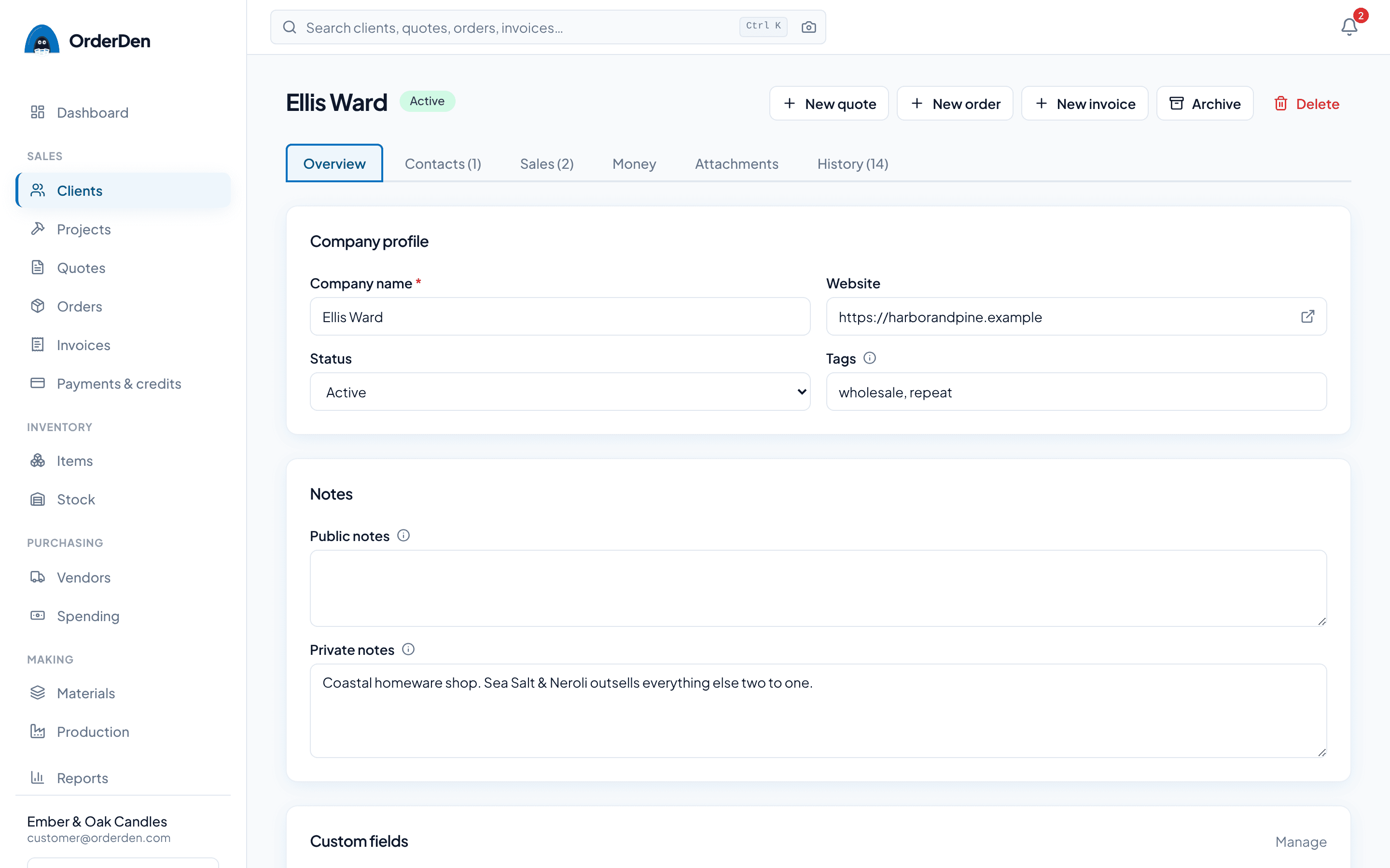 An OrderDen client page