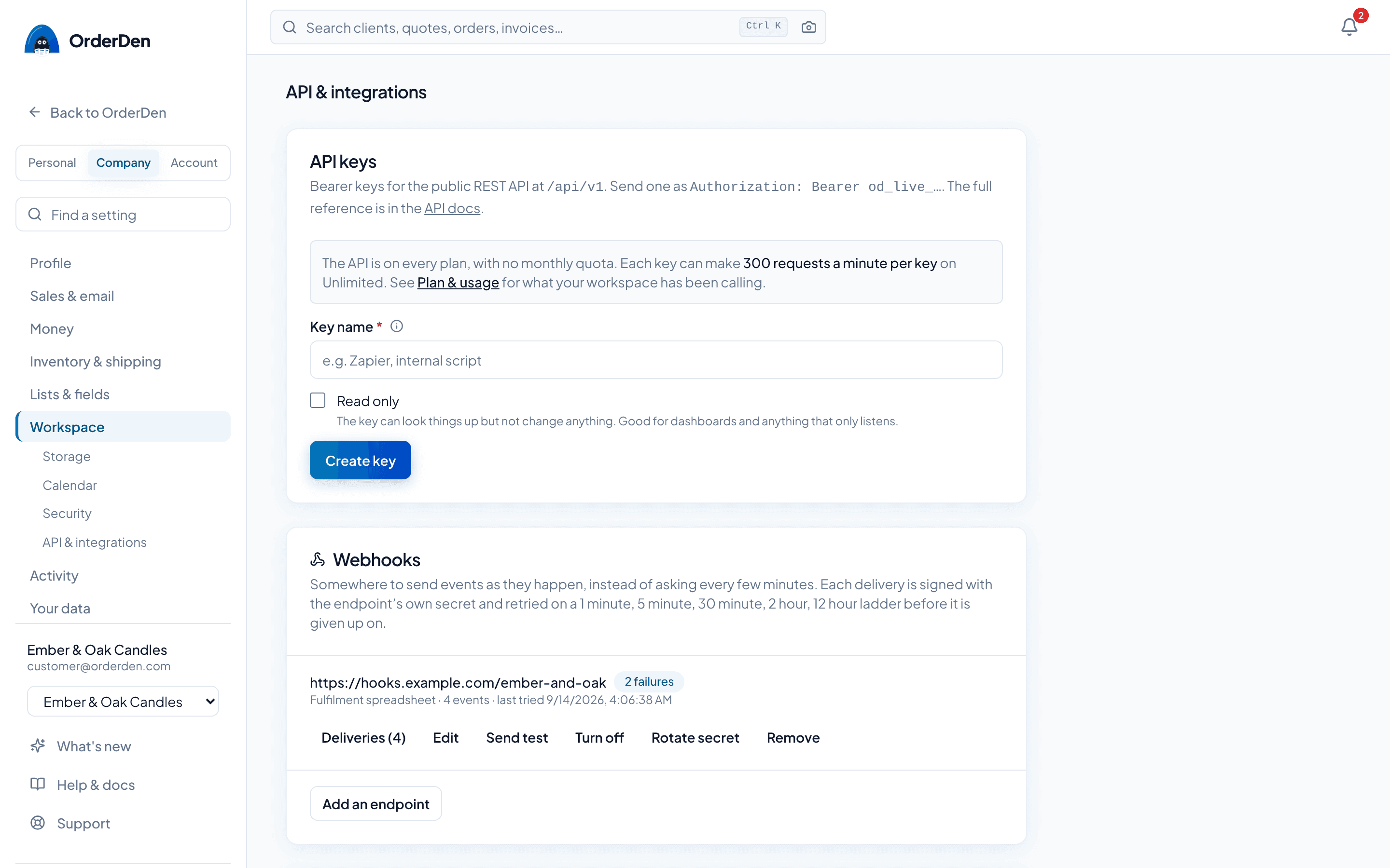 The OrderDen API keys and integrations page