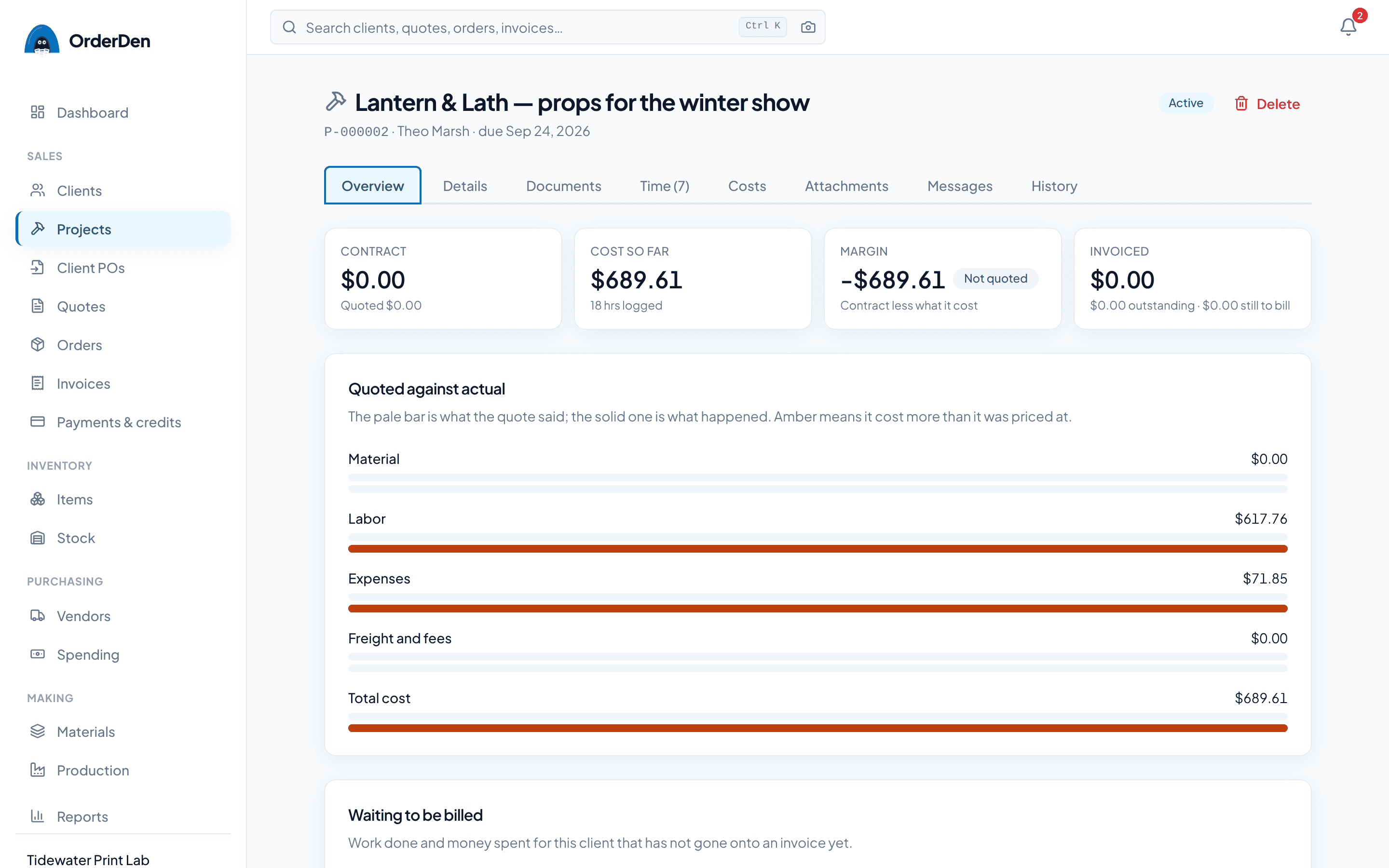 An OrderDen project open, with its time, costs and expenses