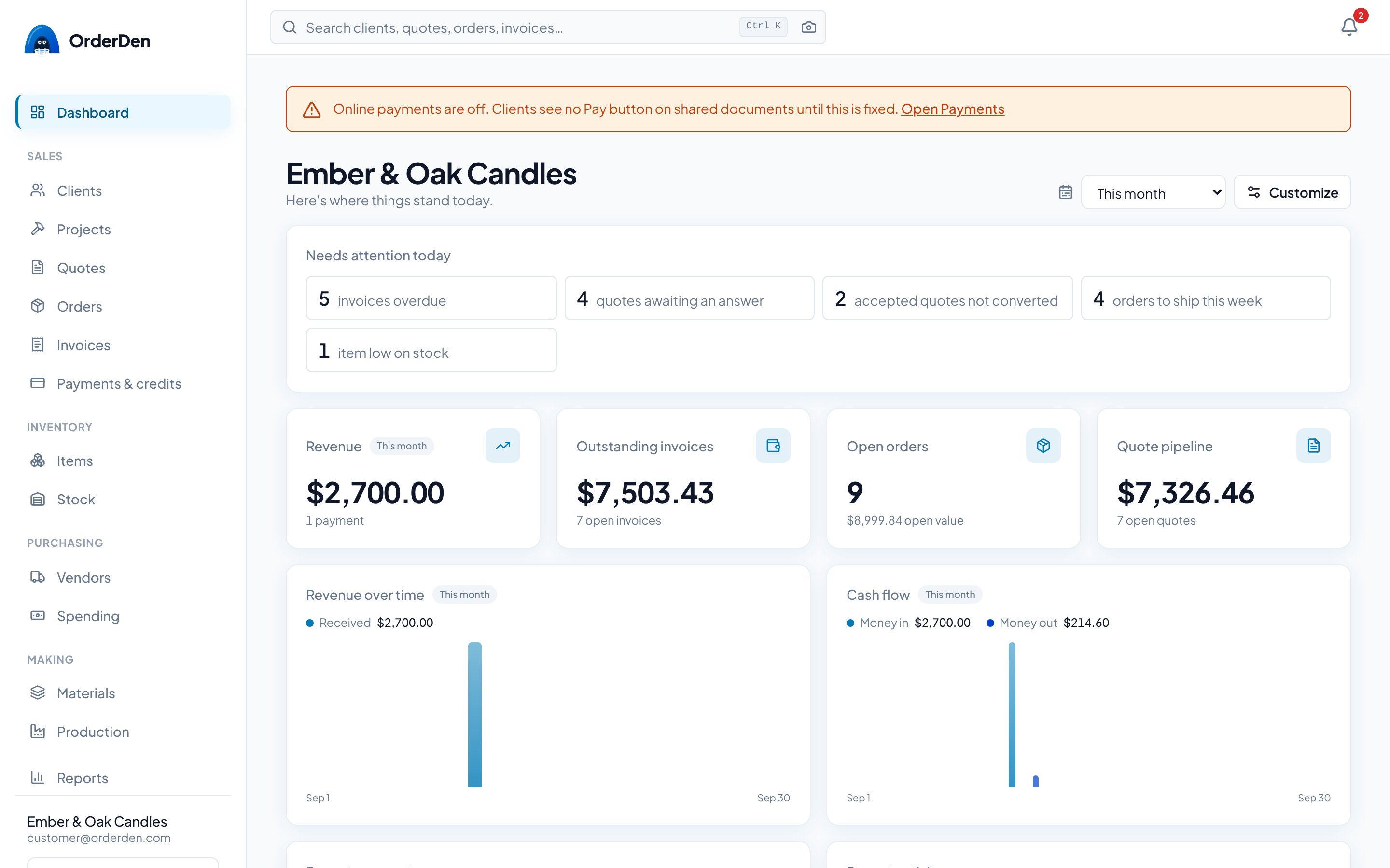 The OrderDen dashboard